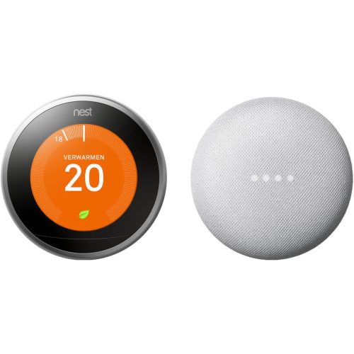 Nest Learning Thermostat V3 Premium Zilver + Google Nest Mini Wit