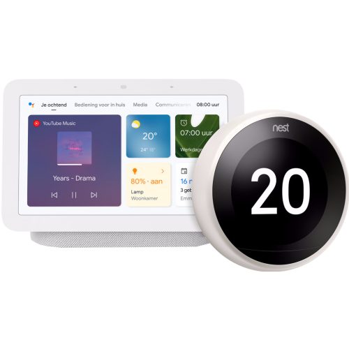 Nest Learning Thermostat V3 Premium Wit + Google Nest Hub 2 Chalk