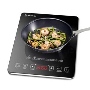 Inductiekookplaat, AMZCHEF enkele inductiekookplaat met ultradun ontwerp, 20 temperatuurinstellingen en 20 vermogensstanden, 2000W inductiekookplaat 1 plaat, 3-uurs timer, veiligheidsvergrendeling.