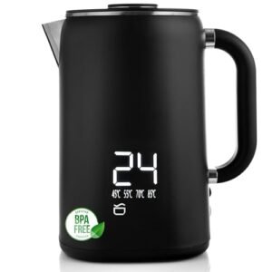 Lehmann Roestvrijstalen waterkoker met temperatuurbehoud, 1,7 liter, temperatuurregeling 45-100 °C, roestvrijstalen theekoker met thermostaat en touch-display, anti-vingerafdruk, BPA-vrij, zwart