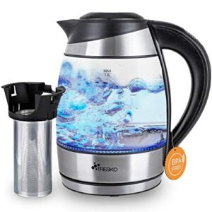 TRESKO® glazen waterkoker 1,8 L roestvrij staal met theezeef en kalkfilter | ledverlichting aan de binnenkant | 2200 W | met temperatuurinstelling | warmhoudfunctie